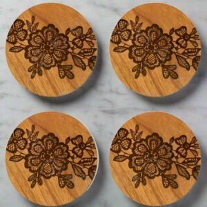 Premium Laser Engraved Rosewood Coaster Set (4 Pcs) – Floral Design with Natural Beeswax Finish