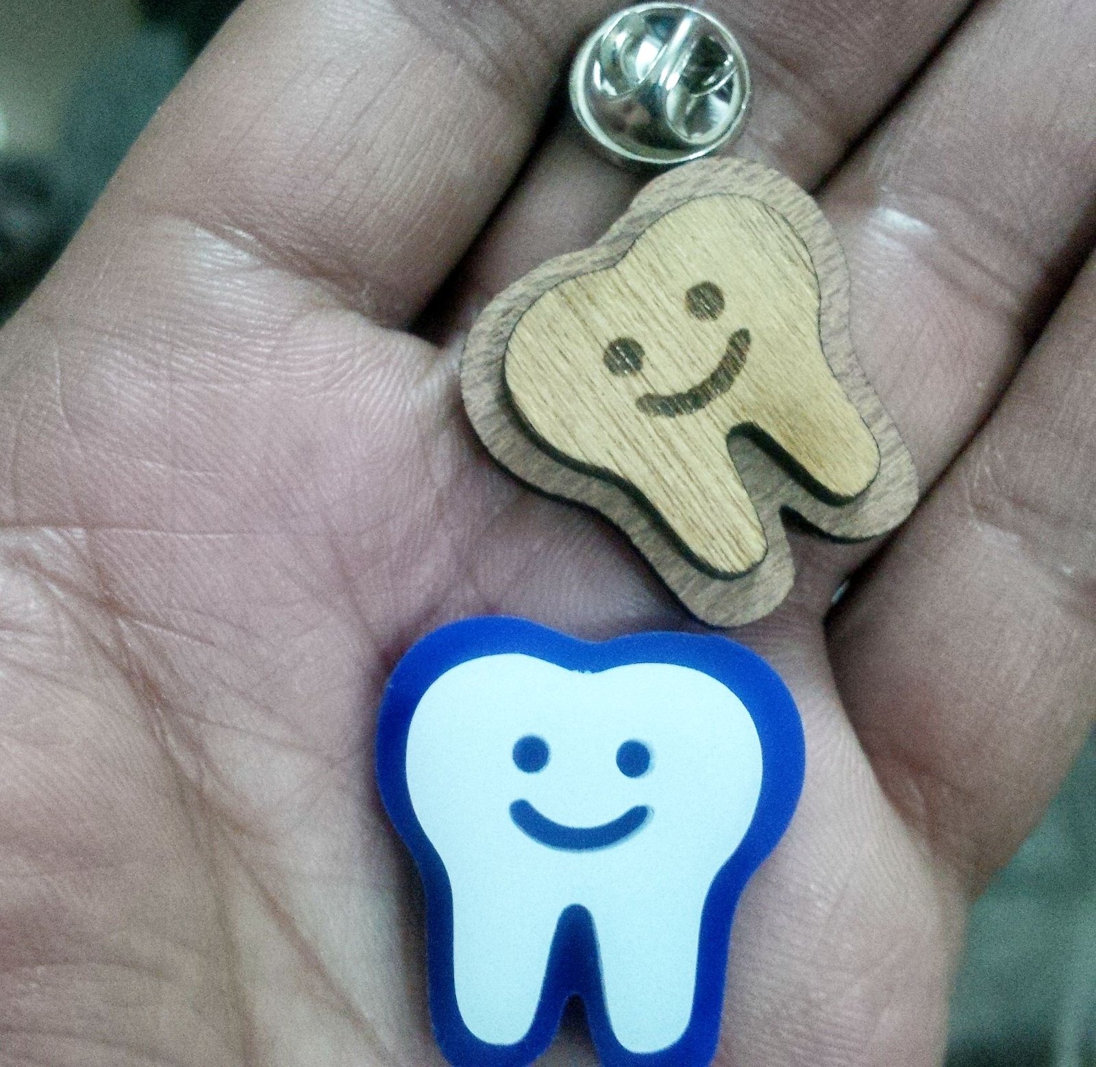 smiling tooth lapel pin wood and acrylic - Pikku Gifts